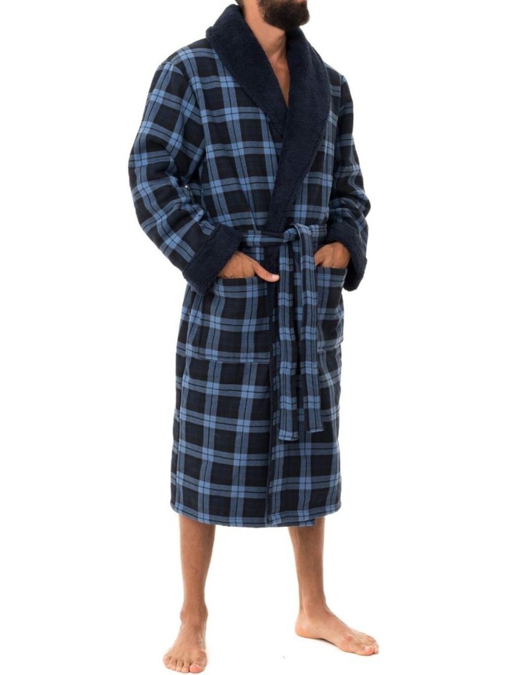 Cozy Men's Blue Check Bonded Fleece Robe | Warm, Soft & Stylish Loungewear